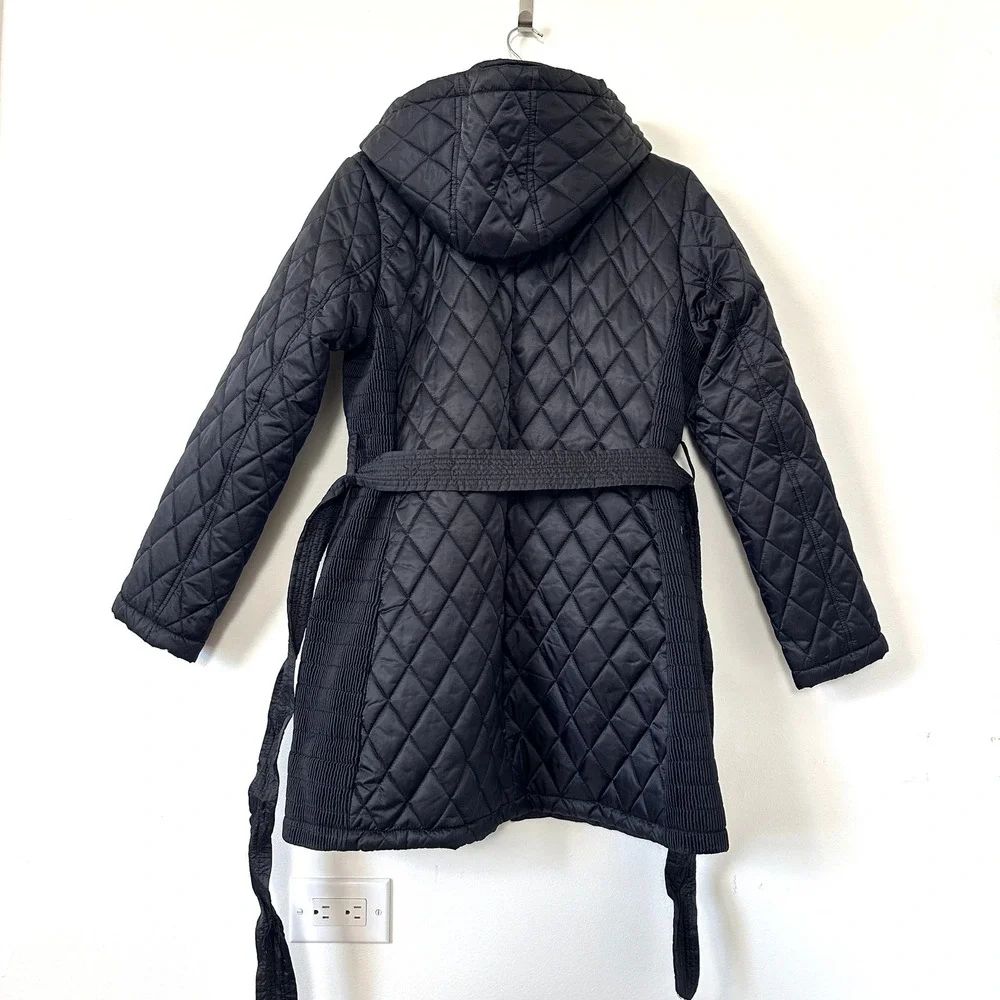 Nine West Black Diamond Quilted Puffer Jacket Belted Hooded Coat Large‎ Chic